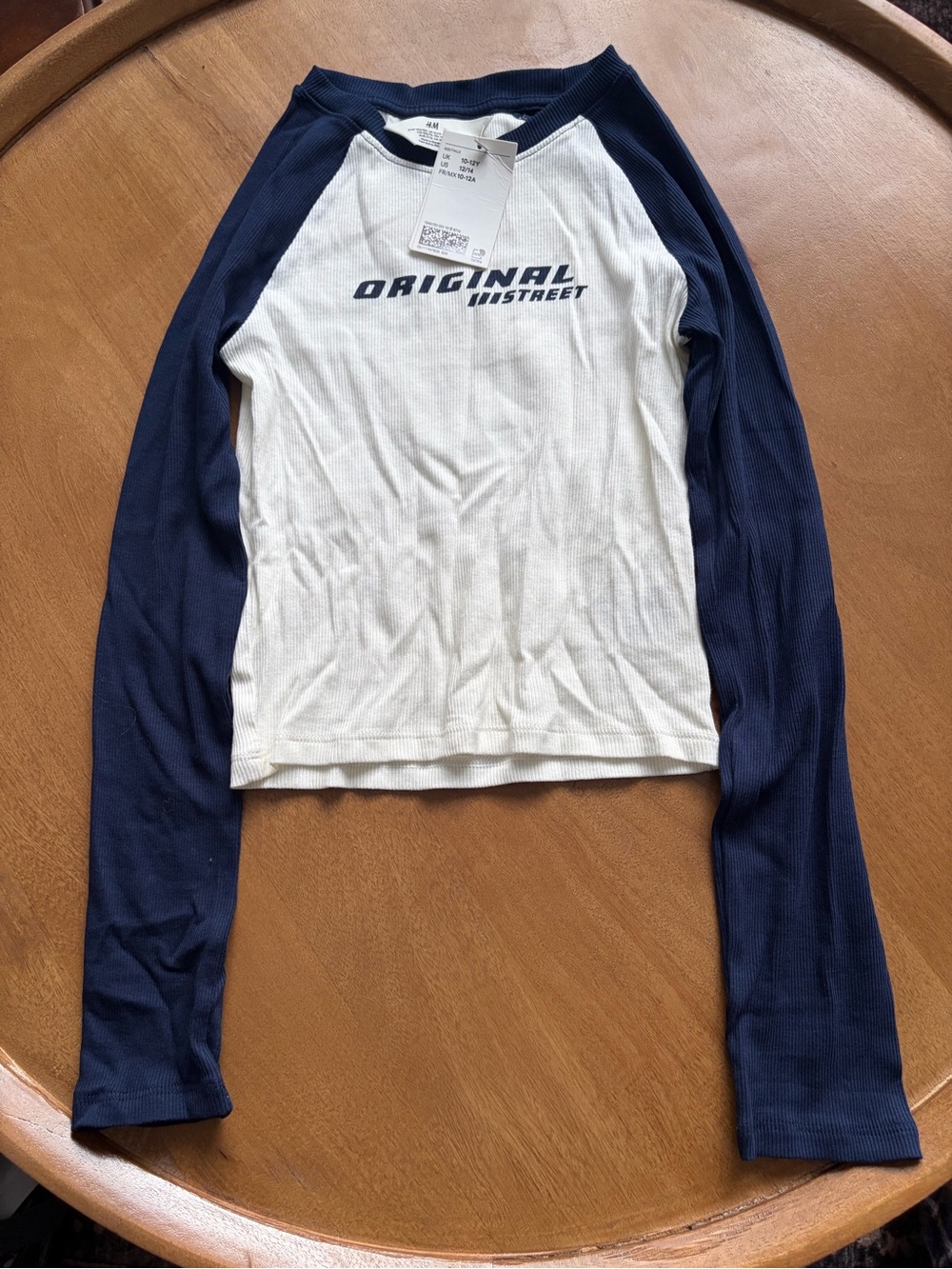 H&M White and Navy Raglan Long-Sleeve Tee - Original Street Graphic